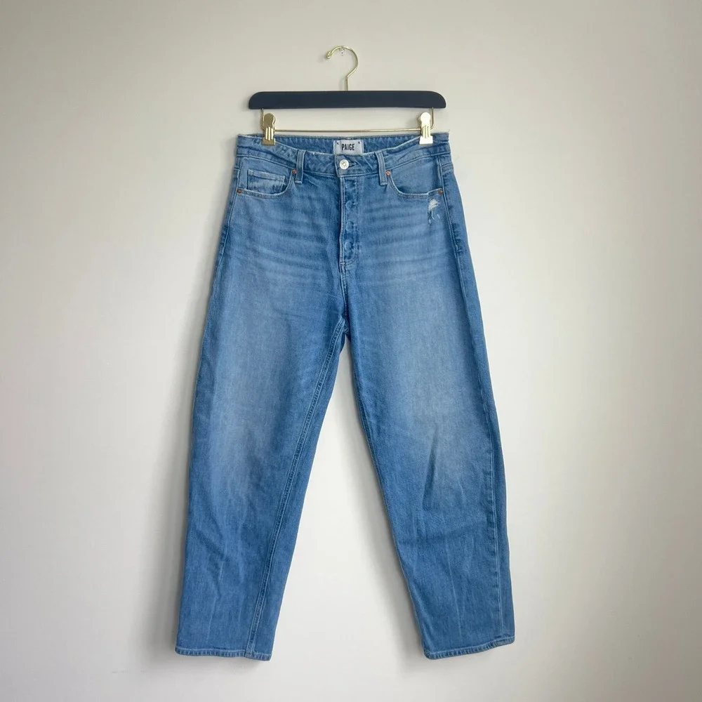 Paige Alexis Covered Button Fly‎ Tapered Barrel Jean in Exhibition Distressed